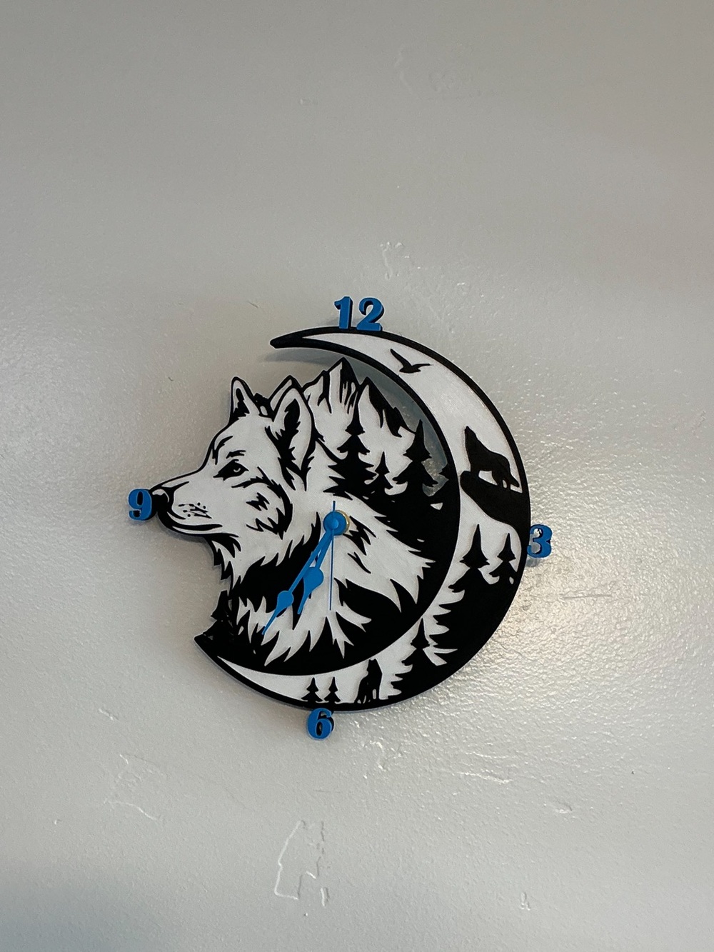 Blue Accent Wolf Moon Wall Clock - Modern Forest Decor